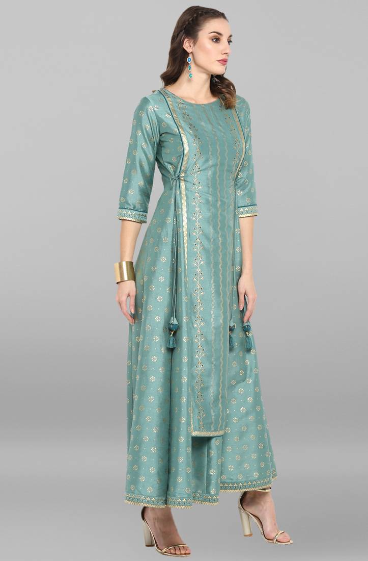Light green printed polyester long dresses Janasya 3383580