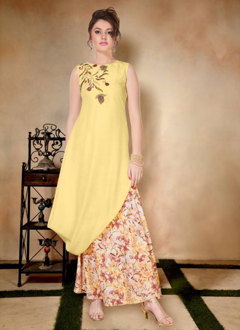 Yellow embroidered art silk longkurtis EKA Lifestyle 3399493