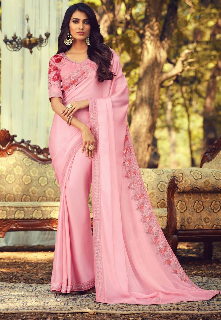 Baby pink embroidered silk saree with blouse Lilots 3404577