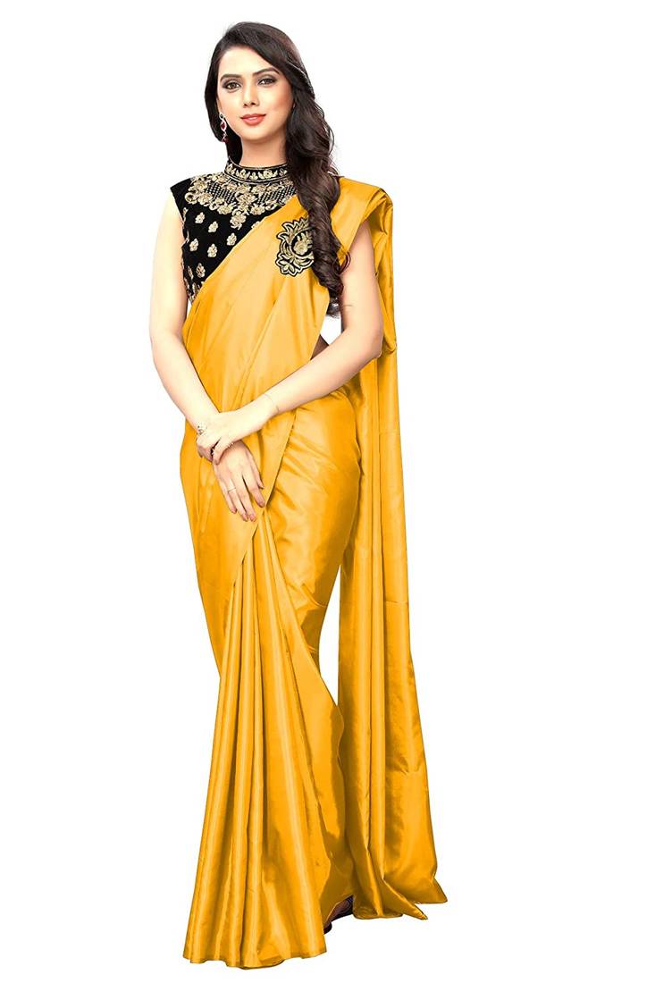 Yellow plain satin saree with blouse FashionFort 3447951