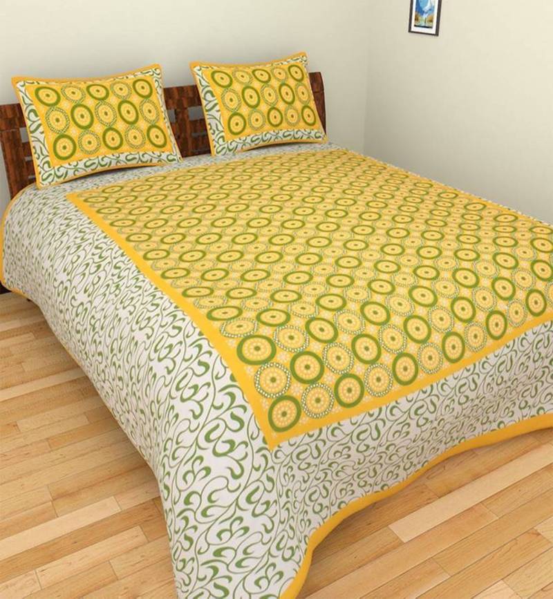 Noor Startup Handprinted 120 TC Cotton Queen Size Bedsheet With Pillow