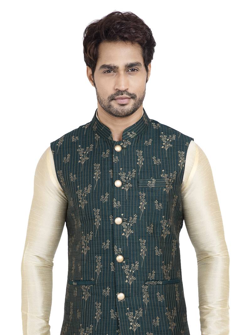 Green printed art silk nehrujacket N Dot 3480471