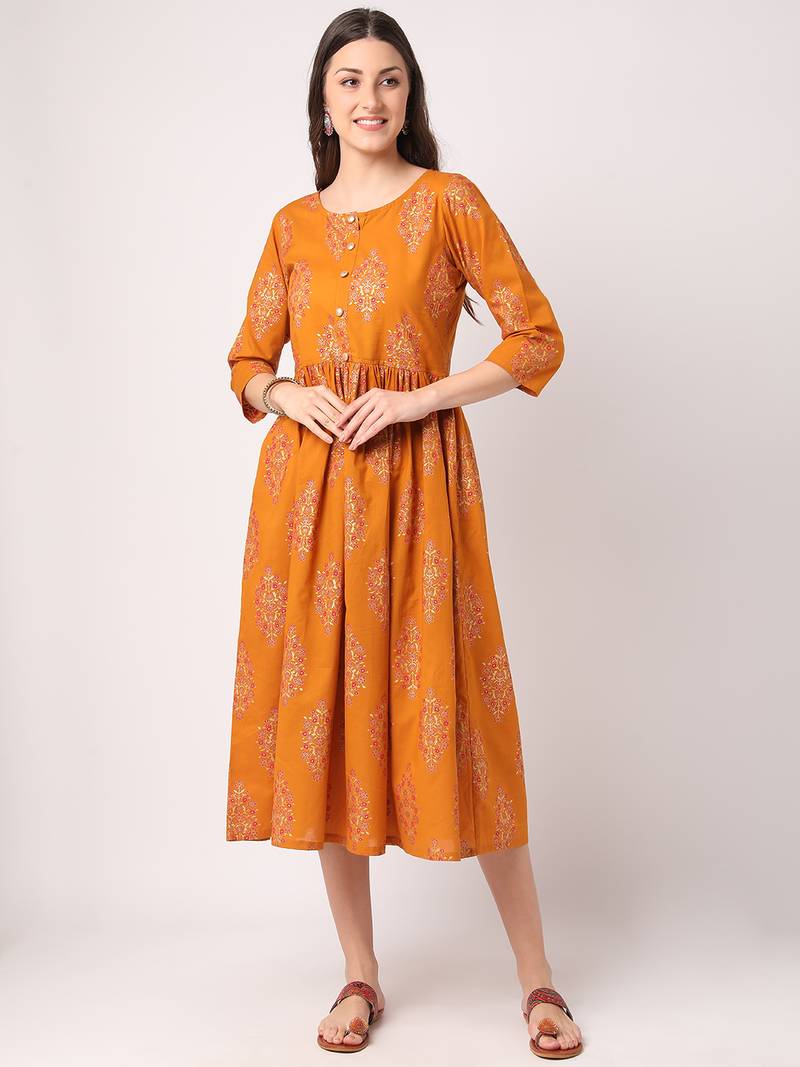 Mustard printed cotton longdresses THE NKS PLUS 3488853