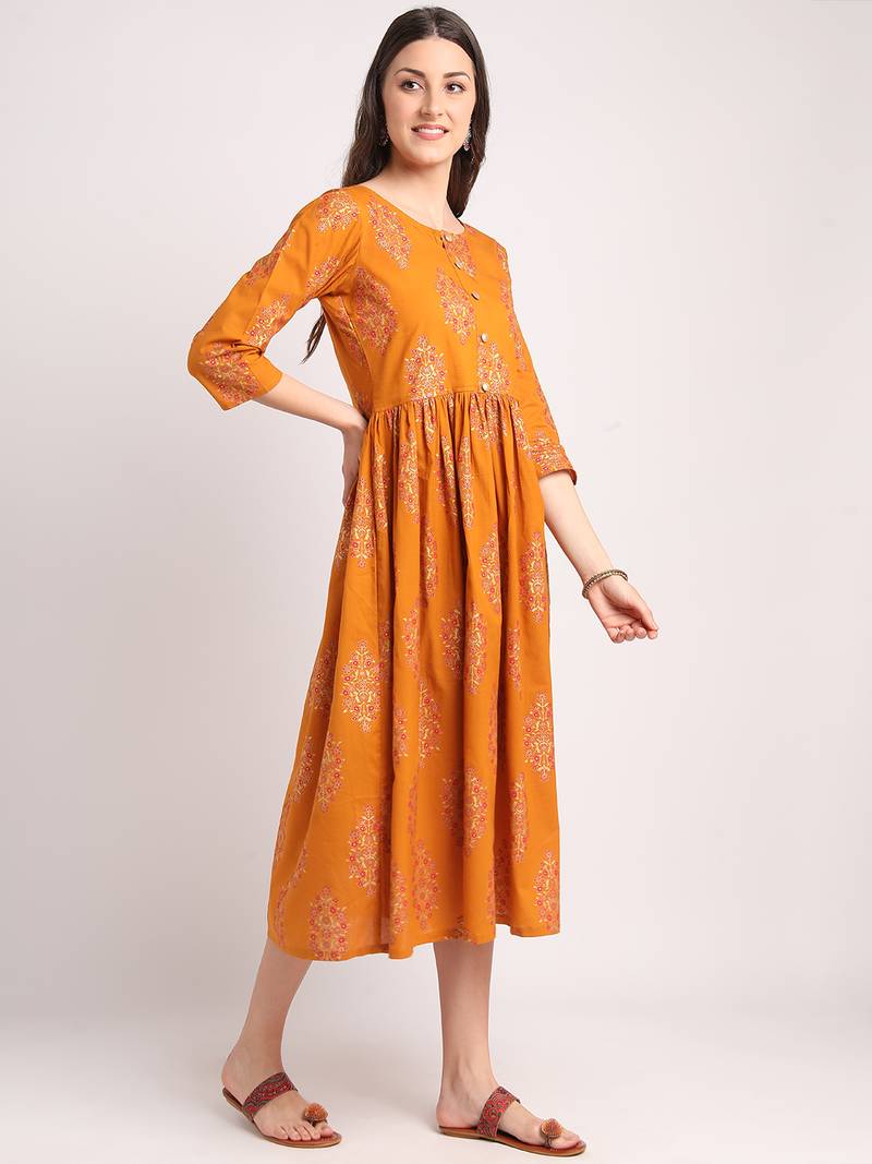 Mustard printed cotton longdresses THE NKS PLUS 3488853