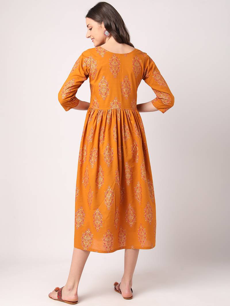 Mustard printed cotton longdresses THE NKS PLUS 3488853