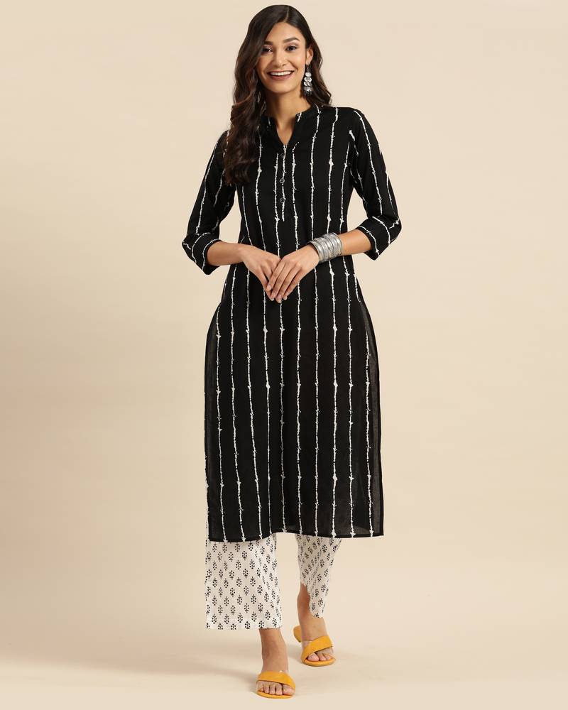 Black And White printed cotton ethnickurtis Set Rajnandini 3489813