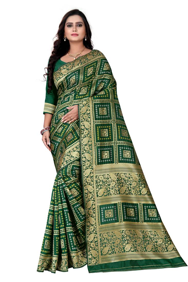Green Zari Woven Banarasi Silk Bandhani Saree With Blouse Classiques