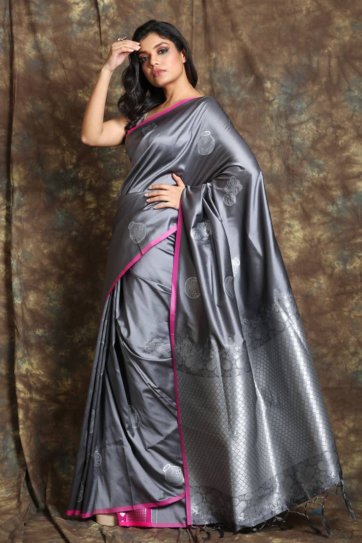 Dark silver silk sarees with silver zari butta work IN WEAVE 3558724
