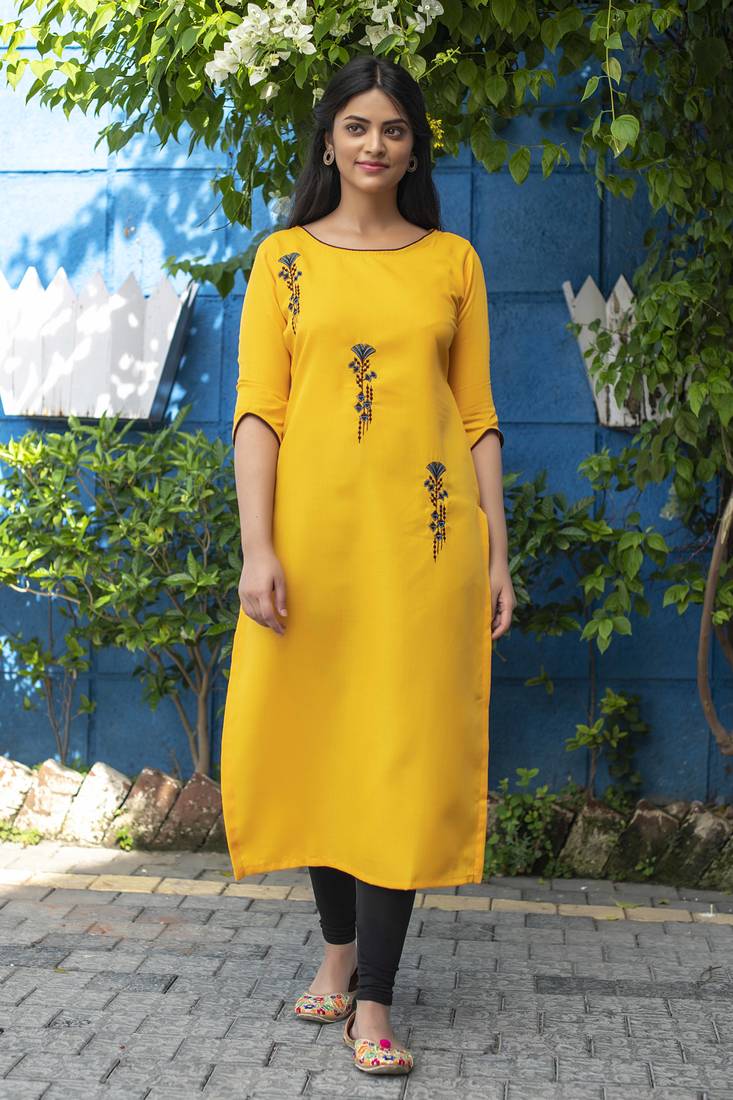 Mustard embroidered cotton silk embroideredkurtis Lilots 3562333