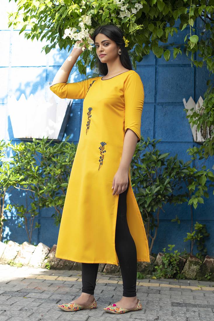 Mustard embroidered cotton silk embroideredkurtis Lilots 3562333