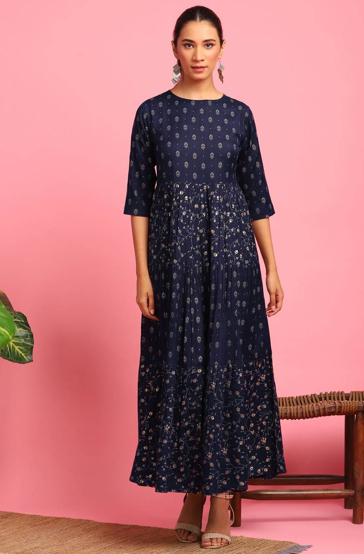 Navy blue printed cotton long dresses Janasya 3596445