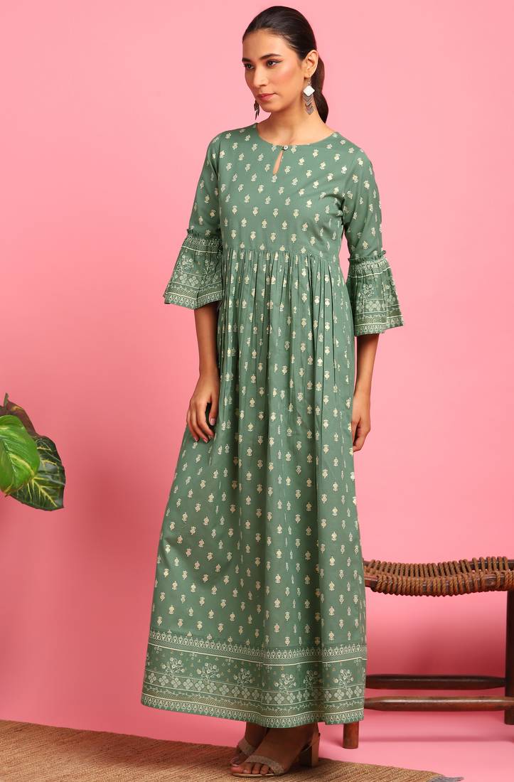 Green printed cotton long dresses Janasya 3596455