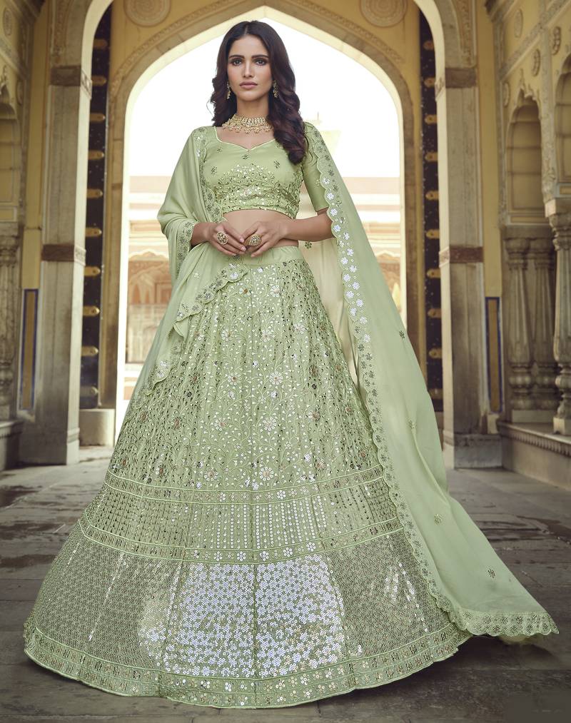Green Thread and Sequins embroidered Semi Stitched Lehenga