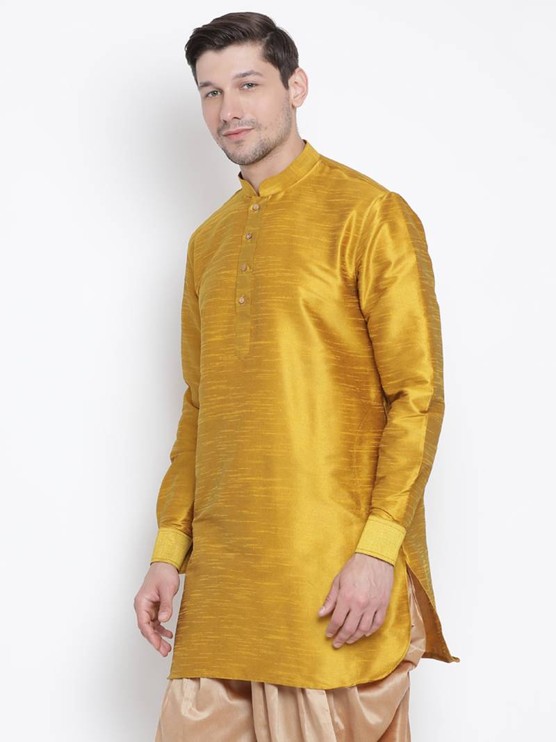 Yellow plain silk blend menkurtas VASTRAMAY 3680359