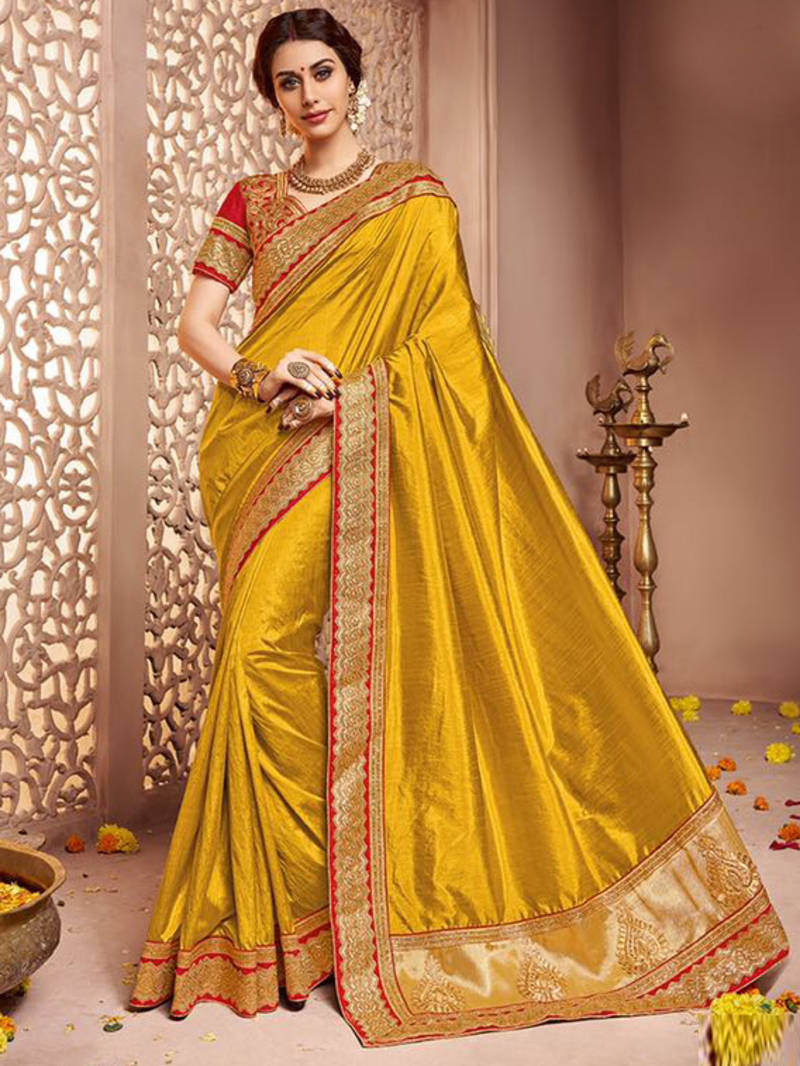 Buy Yellow plain silk saree with blouse Online