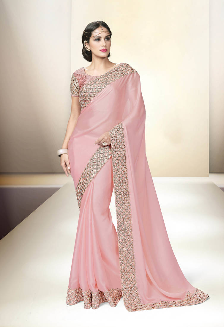 Buy Baby pink embroidered satin saree with blouse Online
