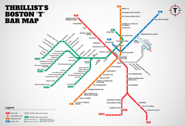 Boston T Stops Map Boston's first map of bars near the T MBTA Bar Map