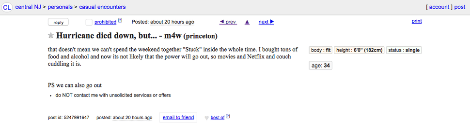 Hurricane Hookup Seekers Have Made Landfall on Craigslist Thrillist