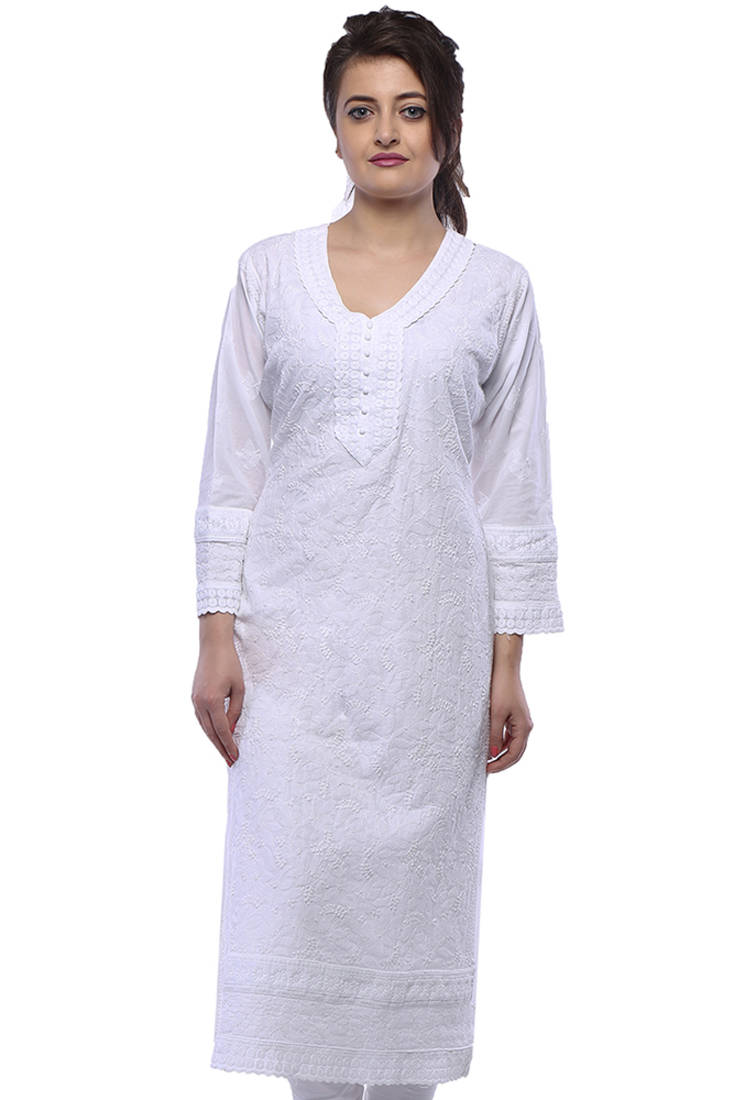 Buy White embroidered cotton embroideredkurtis Online