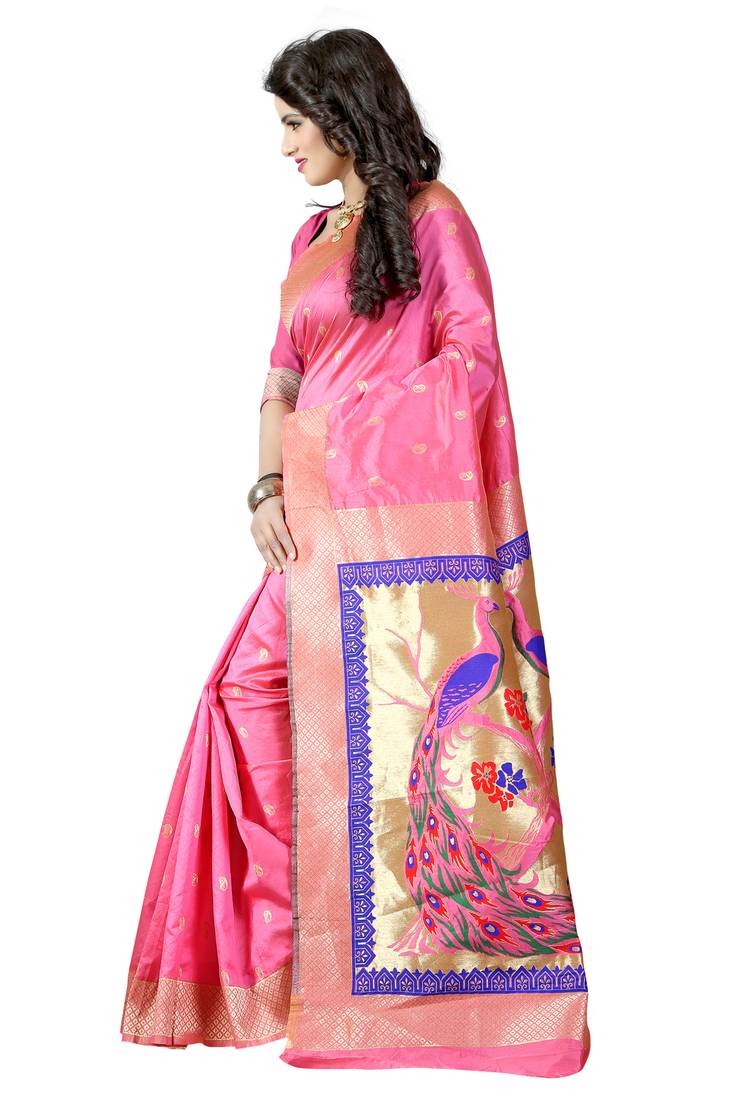 Buy Light pink woven paithani art silk saree with blouse Online