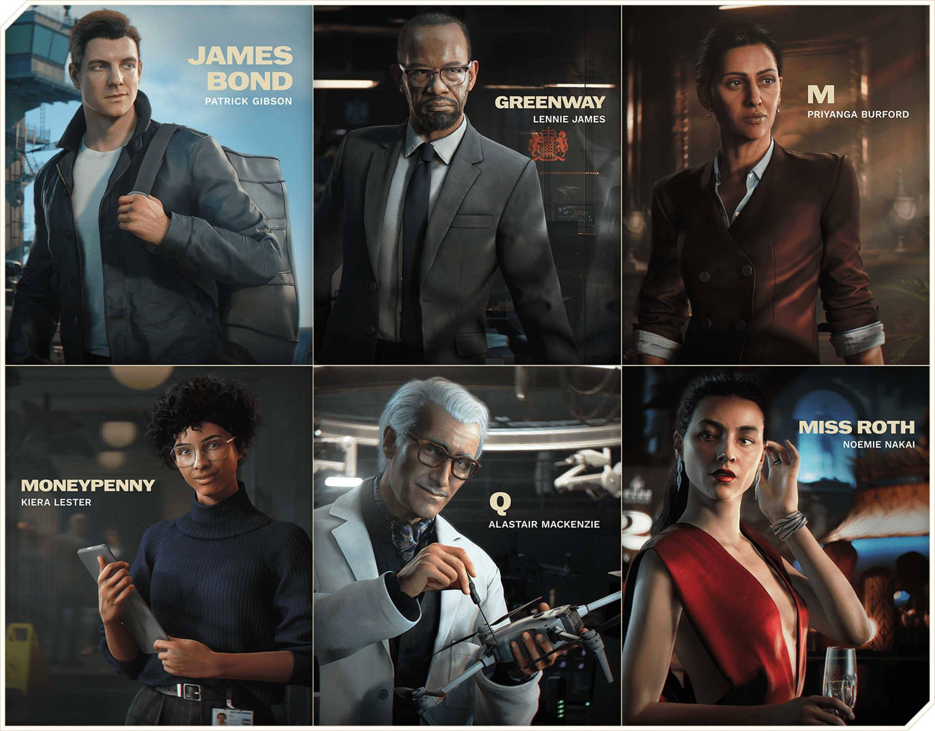 An image showing the main six cast members of 007: First Light - Bond, Moneypenny, Greenway, M, Q, and Miss Roth.