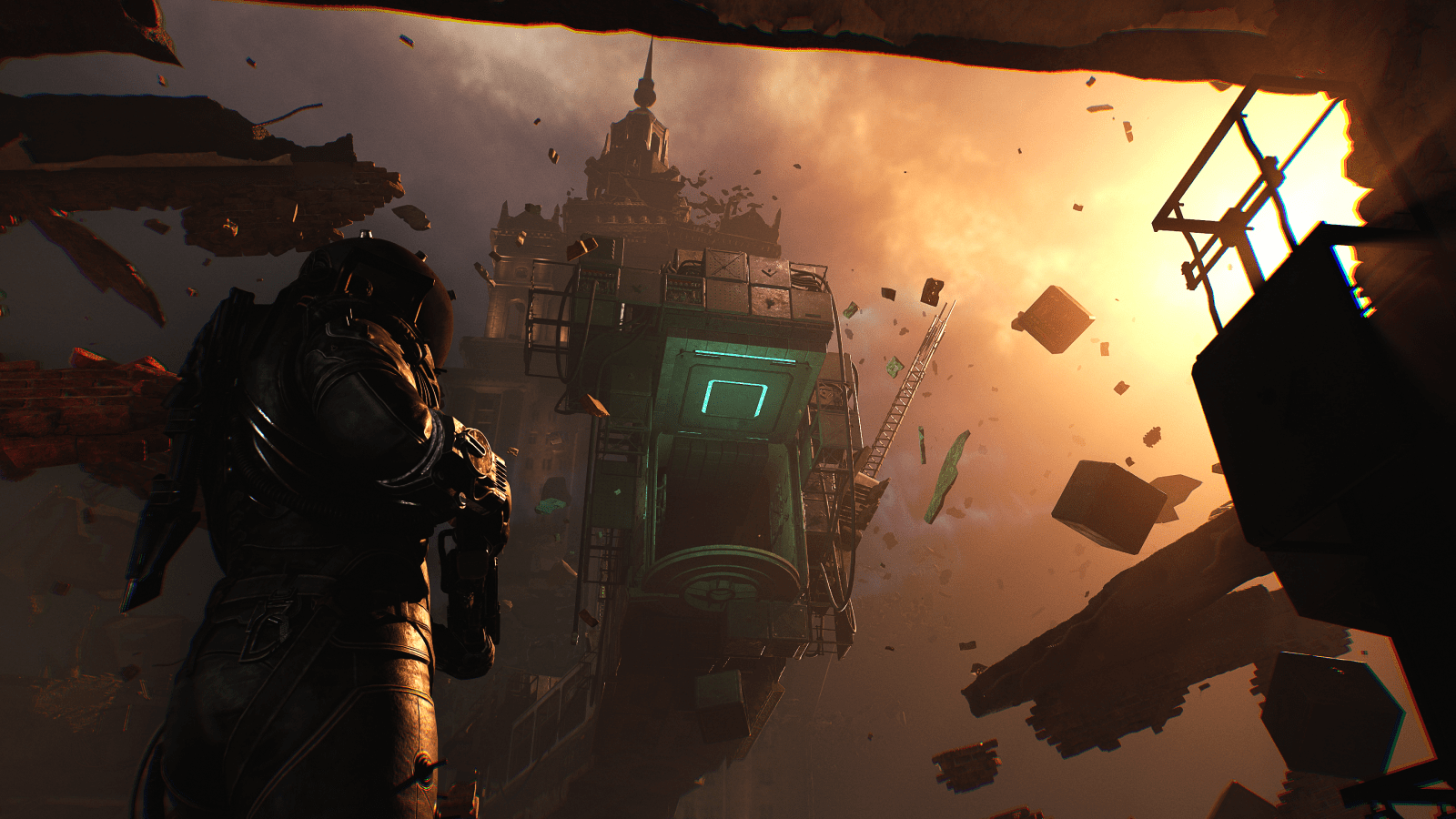 Cronos: The New Dawn screenshot showing figure in metallic suit preparing to gravity jump across floating platforms in sunset