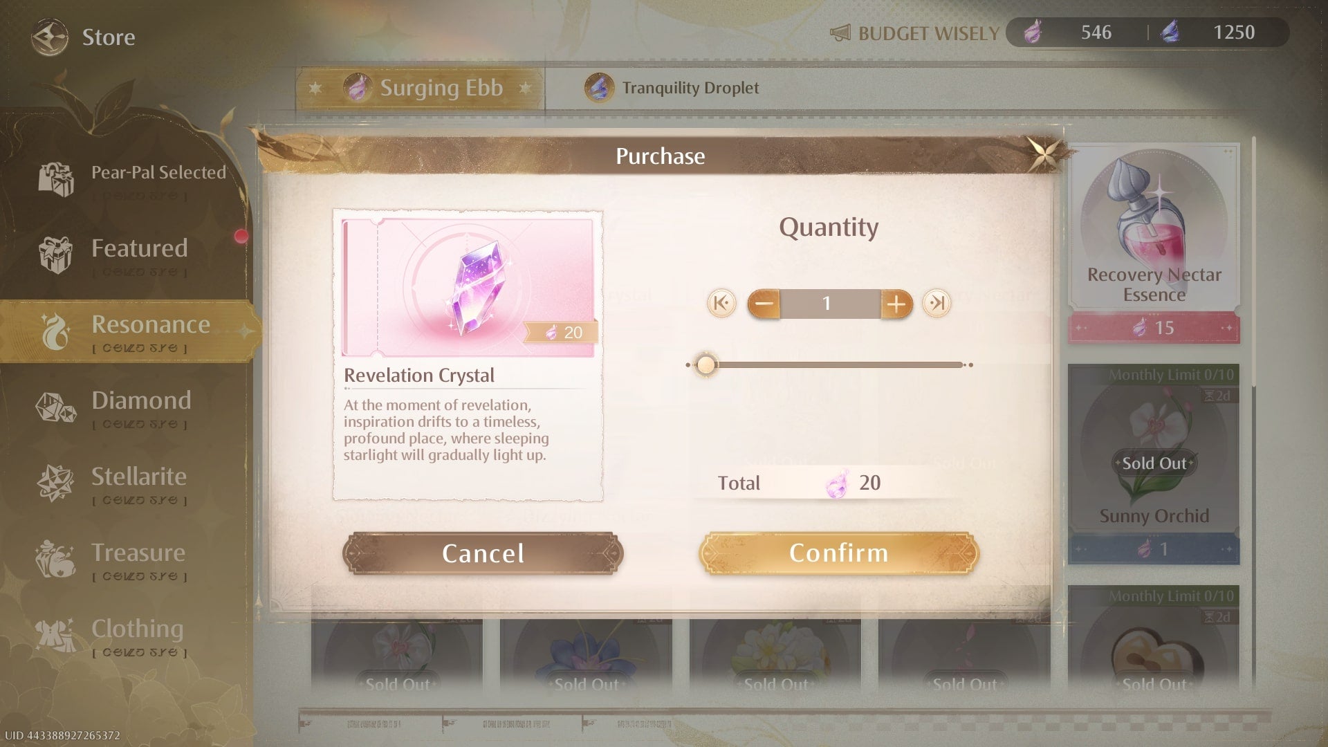 The player looks at Revelation Crystals in the Infinity Nikki store