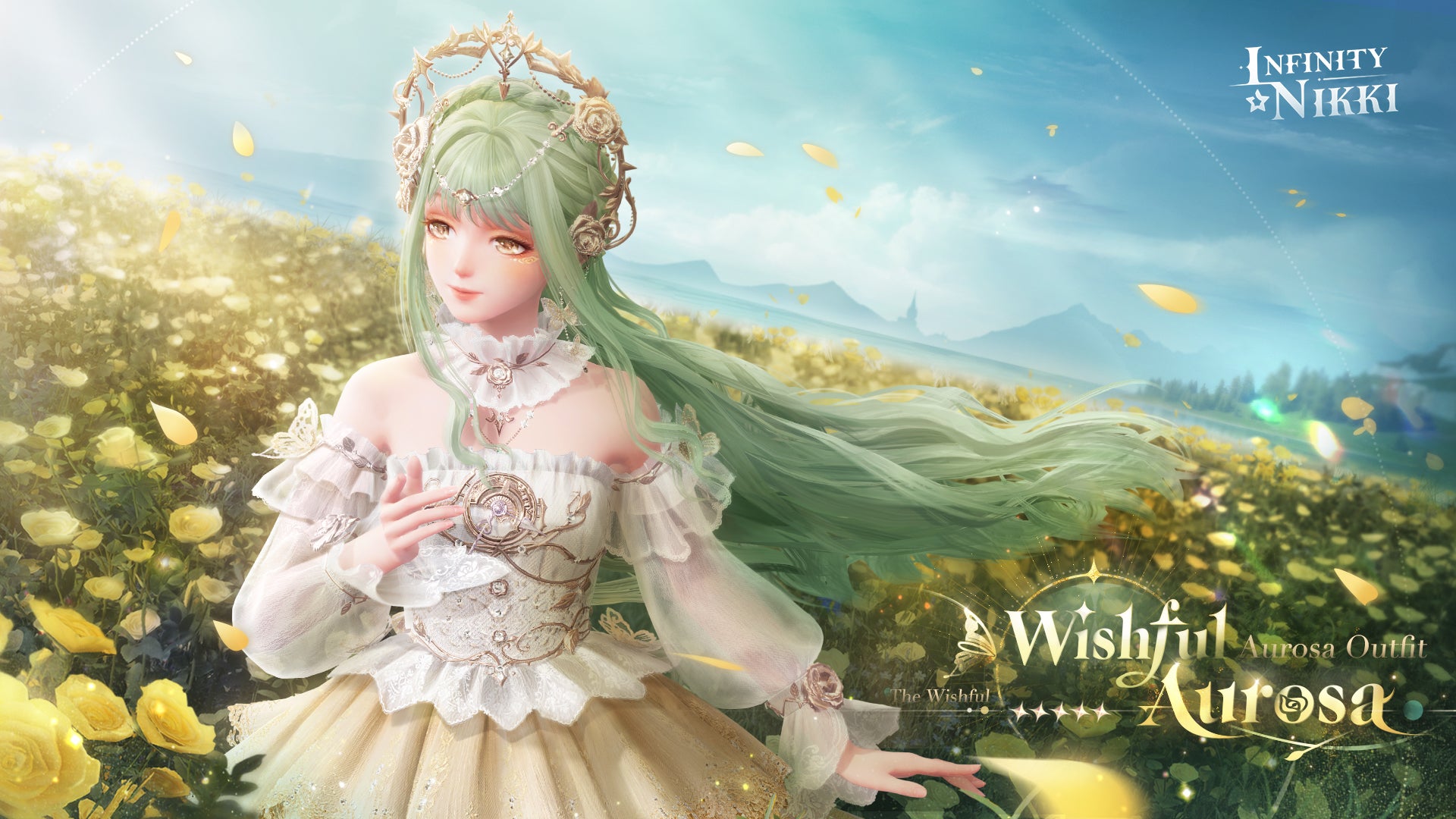 Nikki can be seen wearing the Miracle Outfit, Wishful Aurosa, in key artwork for Infinity Nikki