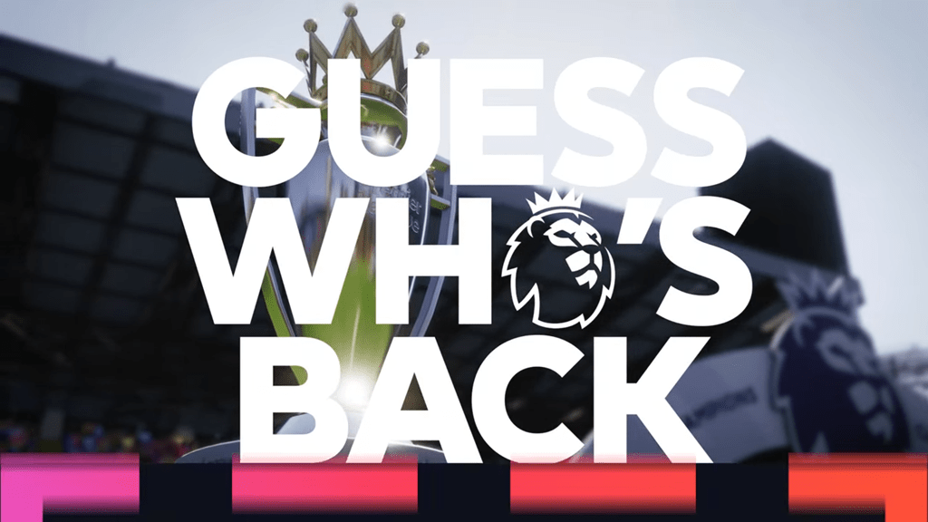 FM26 teaser video screenshot showing the bold words 'guess who's back' layered over the Premier League trophy in the new match engine