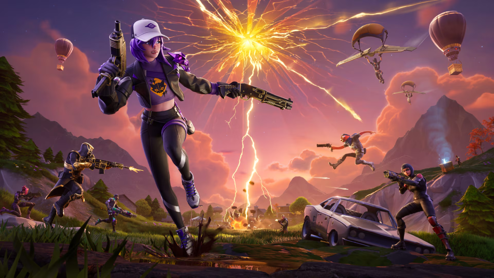 Fortnite Blitz Royale artwork showing female character with twin guns running from explosion in the sky and other characters shooting one another