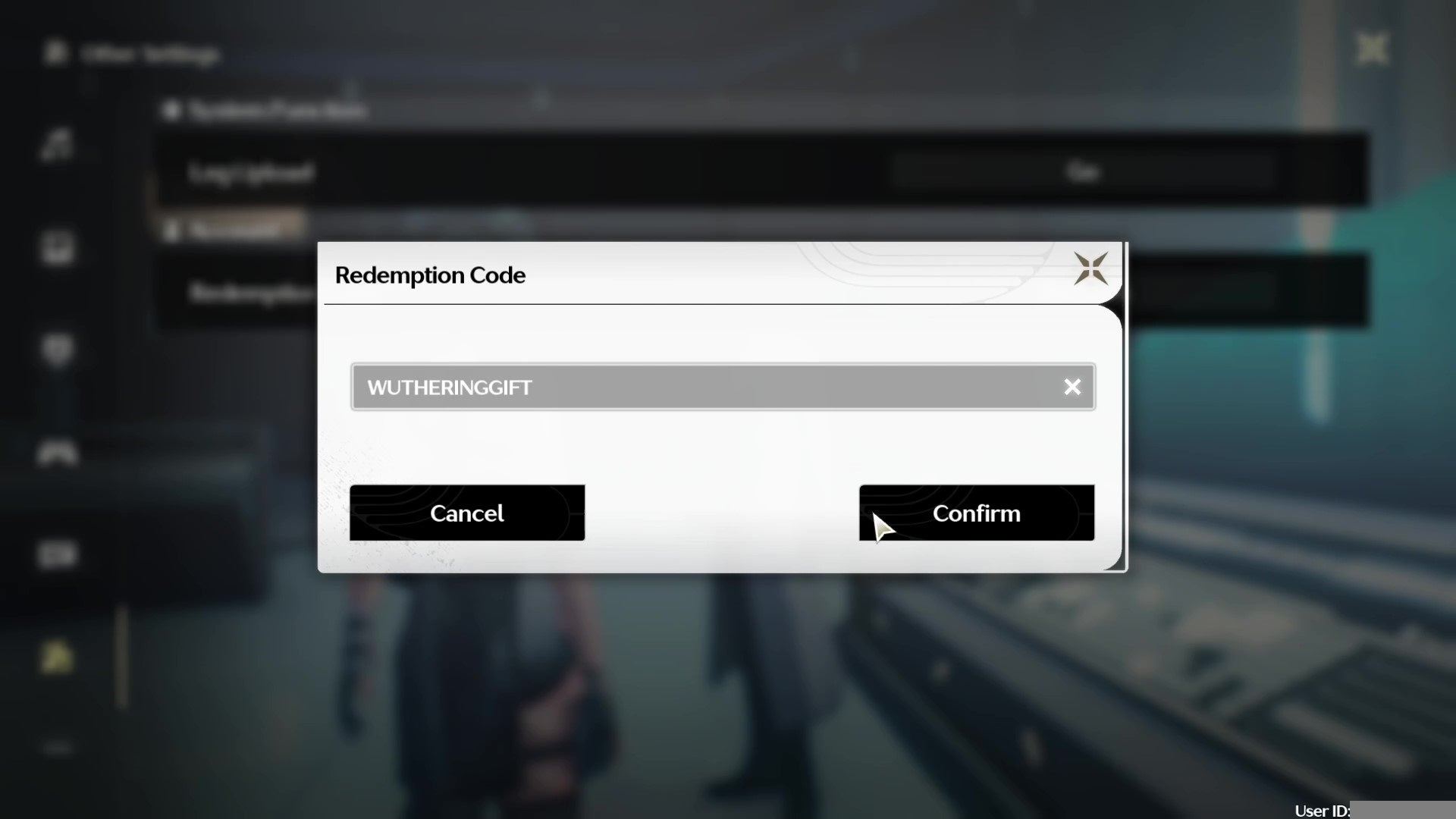 The code redemption text box pop-up in Wuthering Waves.