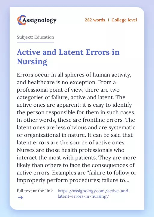 Active and Latent Errors in Nursing Healthcare Essay Example