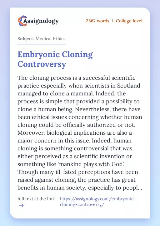 Embryonic Cloning Controversy Healthcare Essay Example