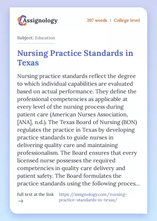 Nursing Practice Standards in Texas Healthcare Essay Example