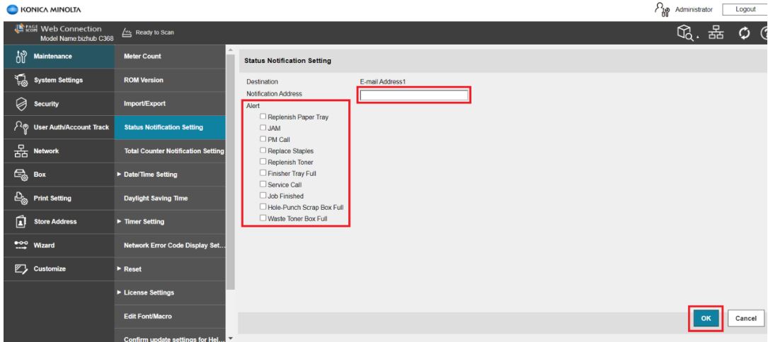 Configuring the machine status notification Settings | Konica Minolta+