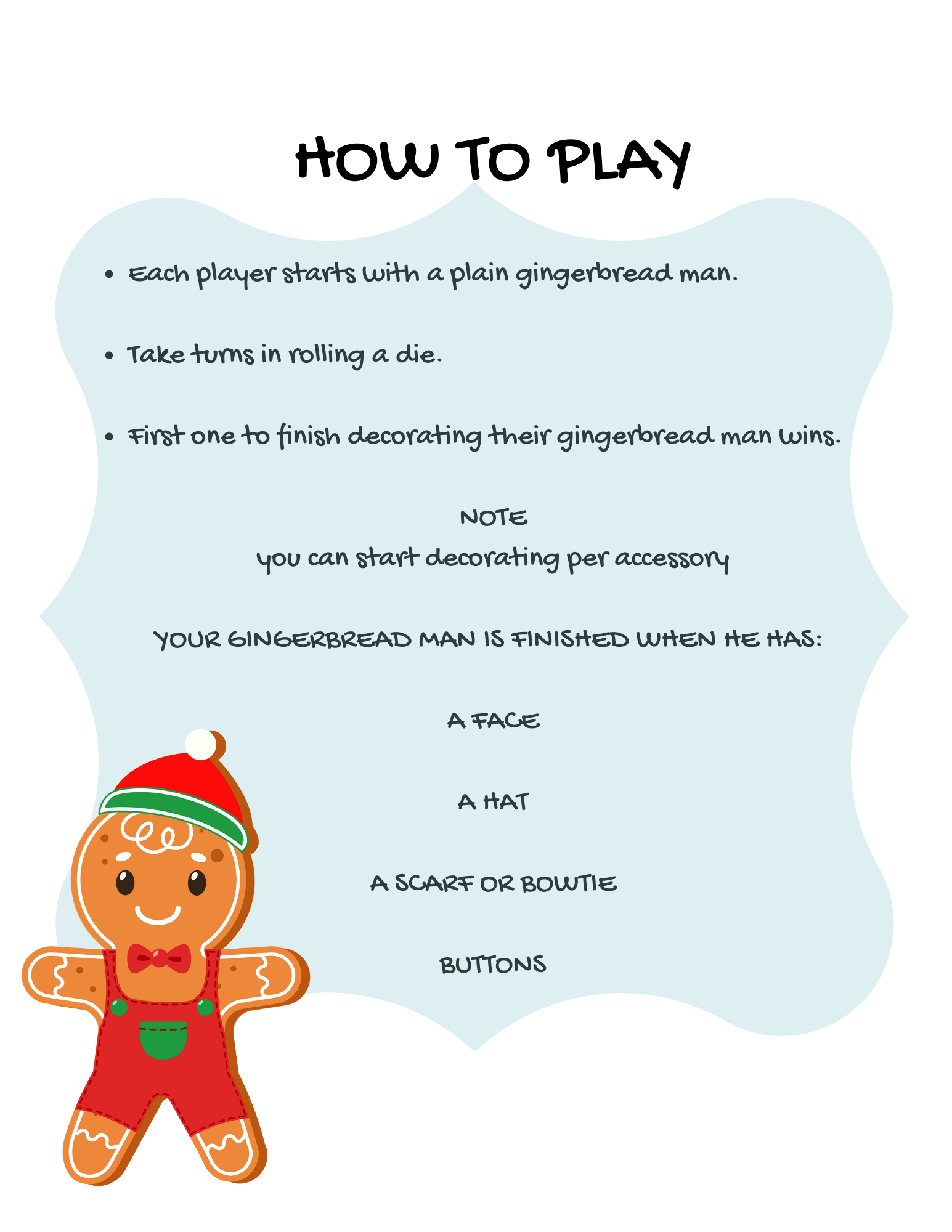 Roll a Gingerbread Man Game Free Printable