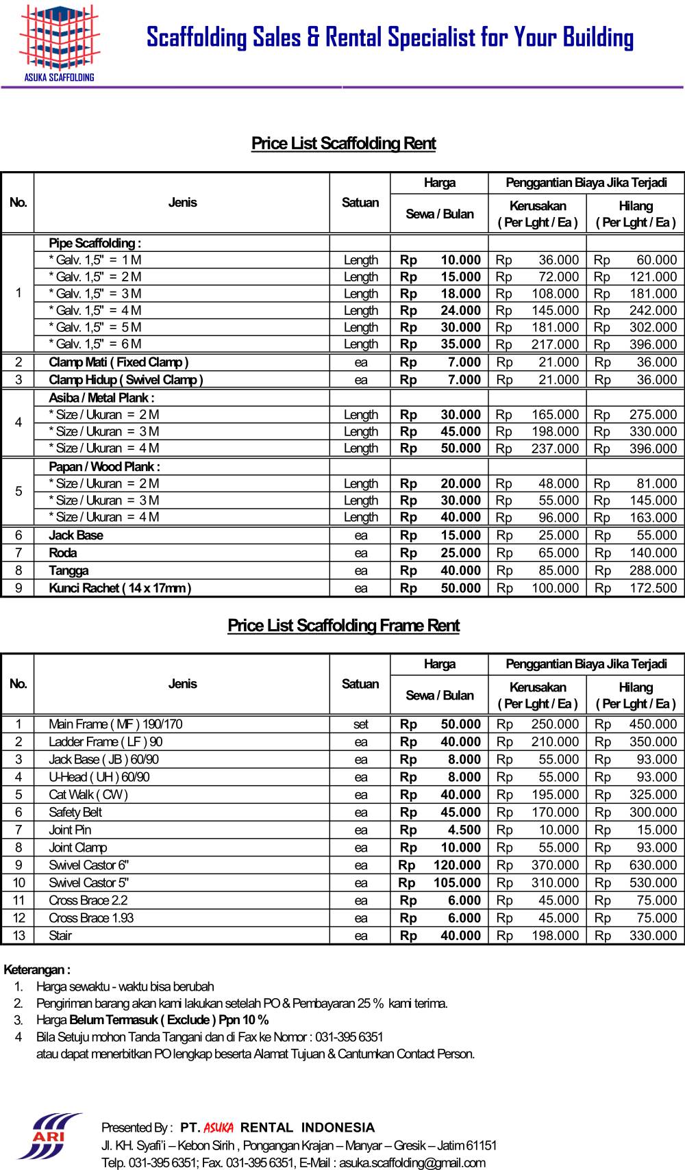 Price List Scaffolding Sales & Rental