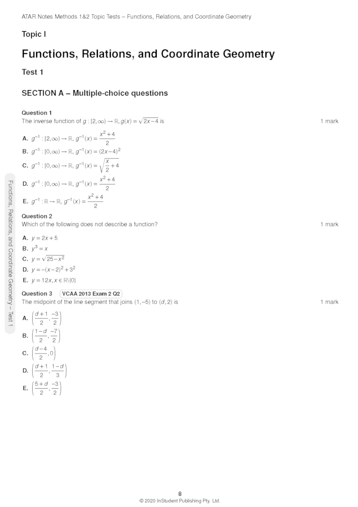 VCE Maths Methods Units 1&2 Topic Tests ATAR Notes