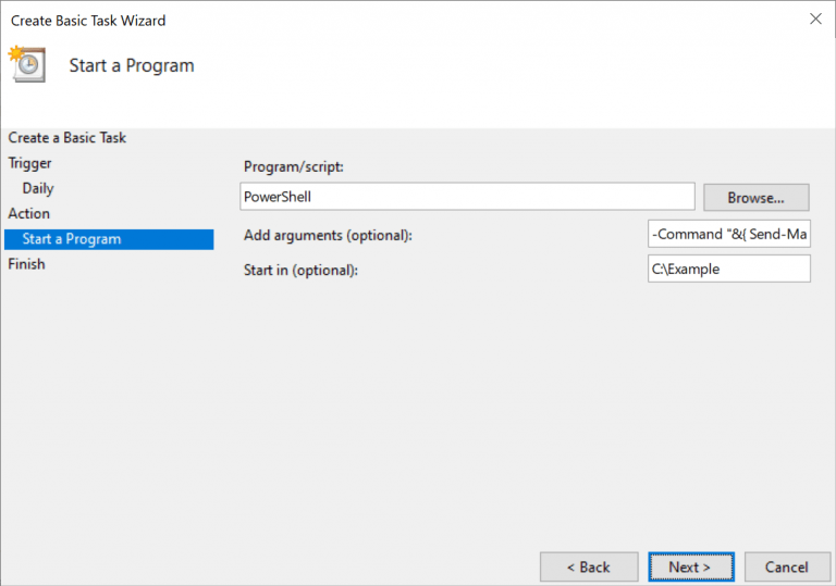 Screenshot Start a program from Windows Task Scheduler with arguments