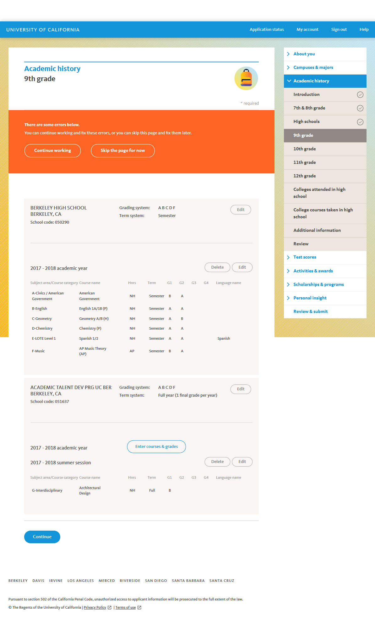 Screenshot Additional information Academic history UC application