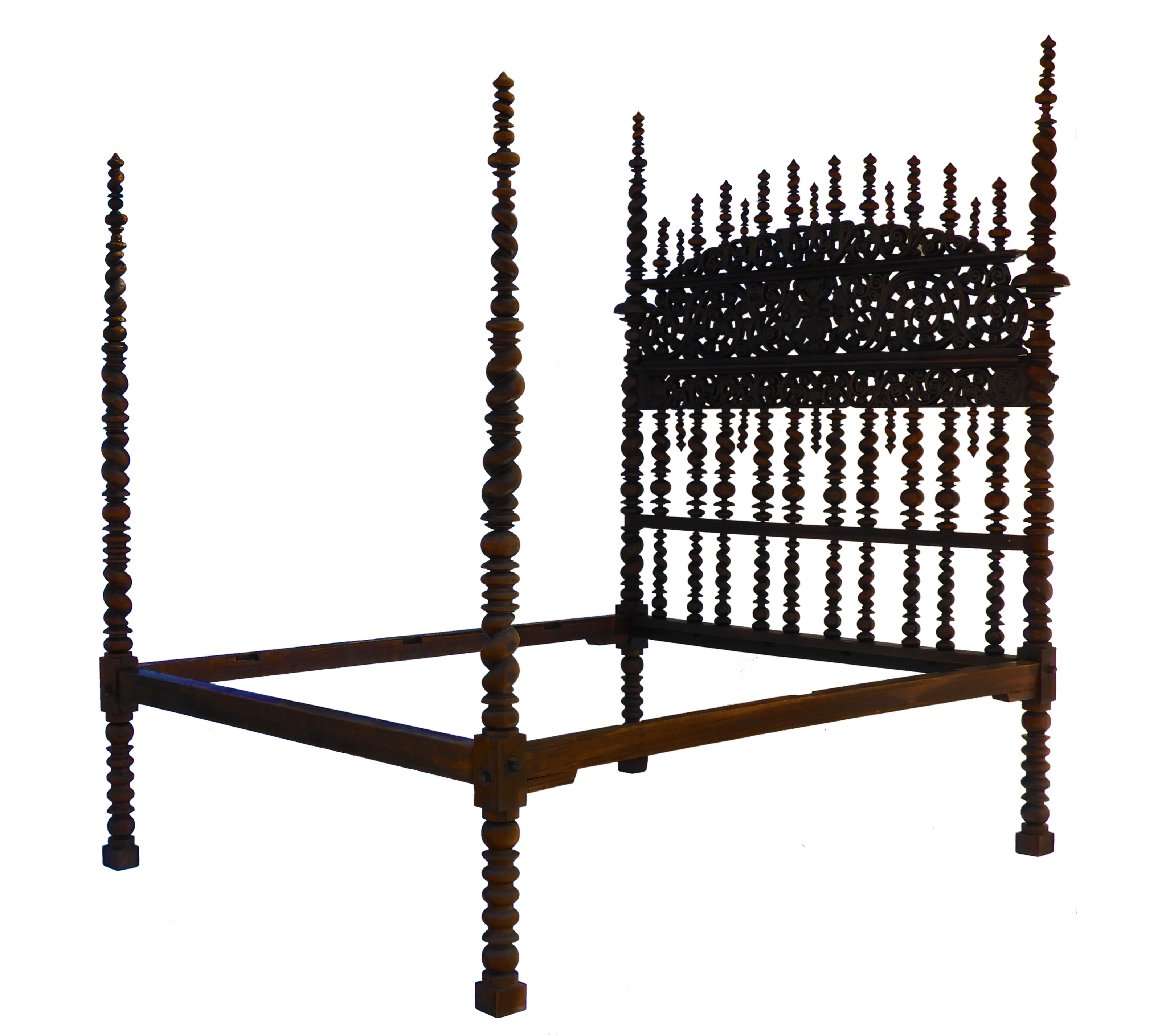 Antique Portuguese Bilros Bed Turned and Carved Mahogany Late 18th