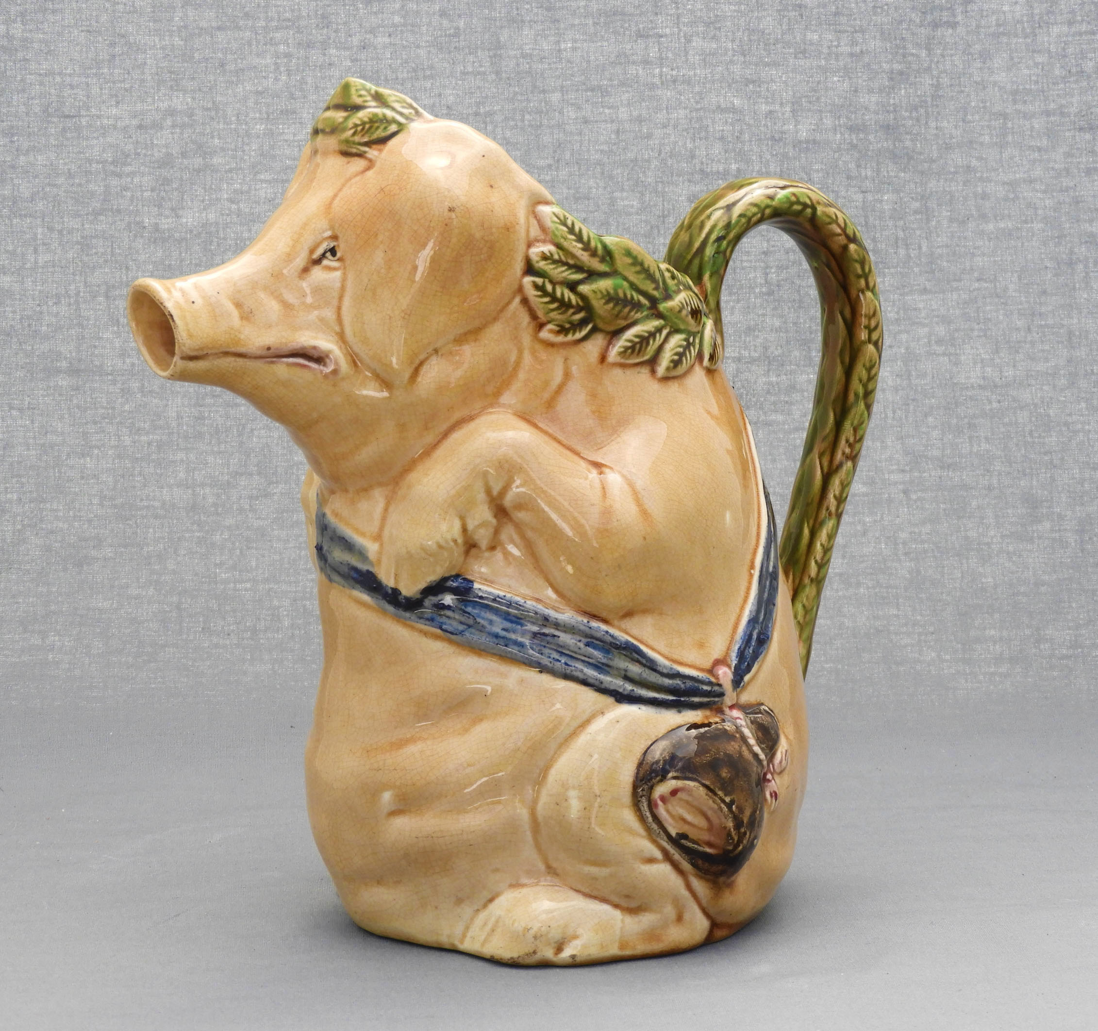 Antique French Majolica Pig Wine Pitcher WaterJug circa 1900 Atelier33Bis
