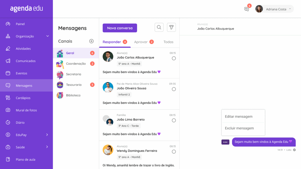 Como editar ou excluir uma Mensagem enviada Agenda Edu
