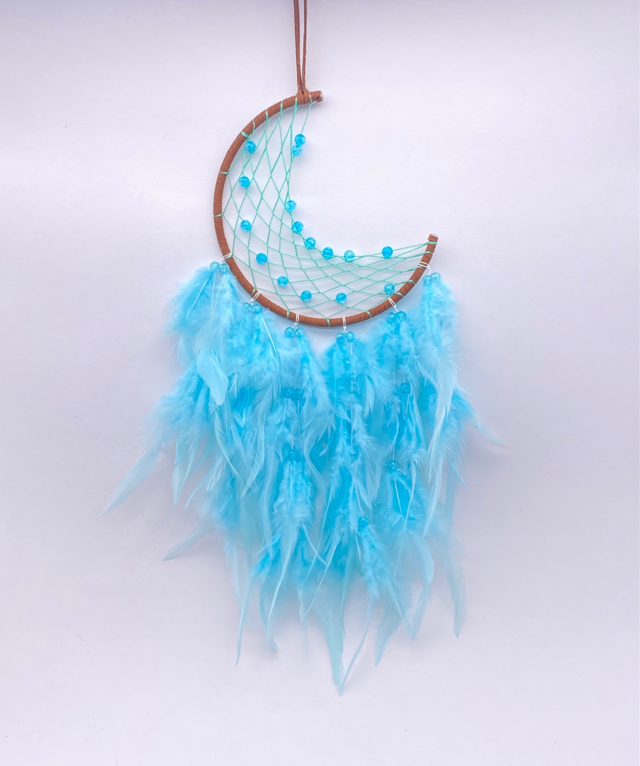 Dream Catcher Brown Crescent Moon with Blue Beads & Feathers A Time