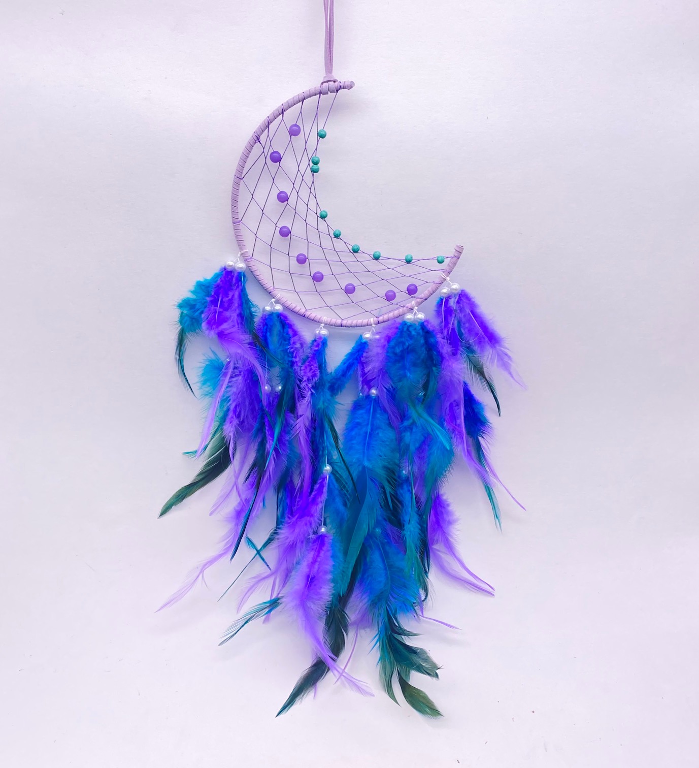 Dream Catcher Light Purple Crescent Moon with Purple & Teal Feathers
