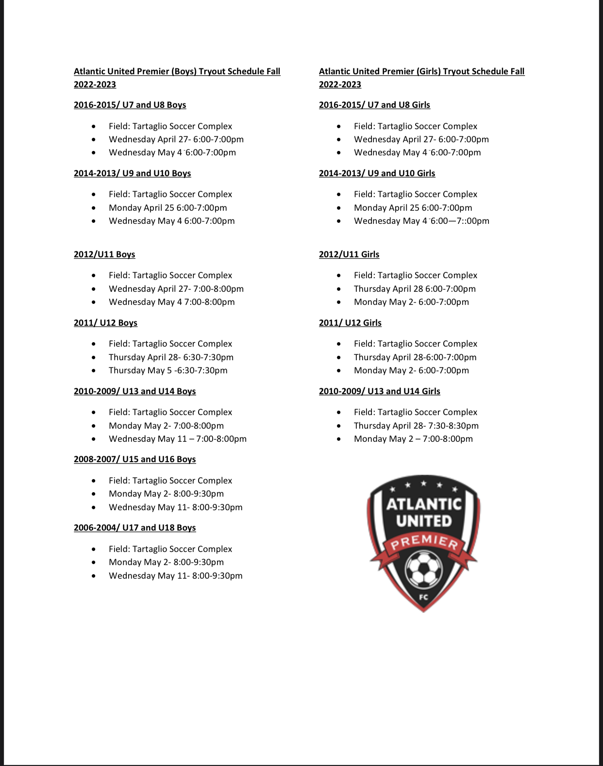 fall 2023 premiers 20222023 Fall & Spring Season Tryouts Atlantic United Premier FC