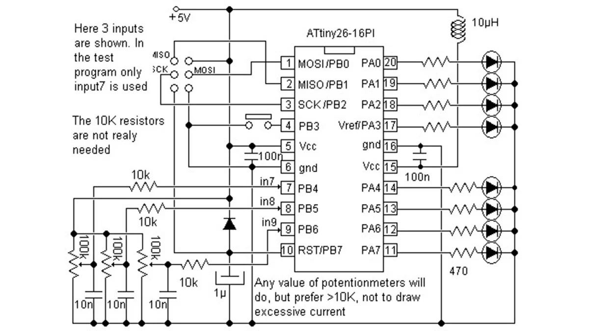 10 Bit analog to digital converter using ATtiny26 microcontroller