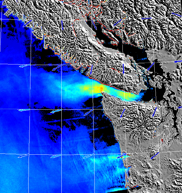 Synthetic Aperture Radar image showing gap winds associated