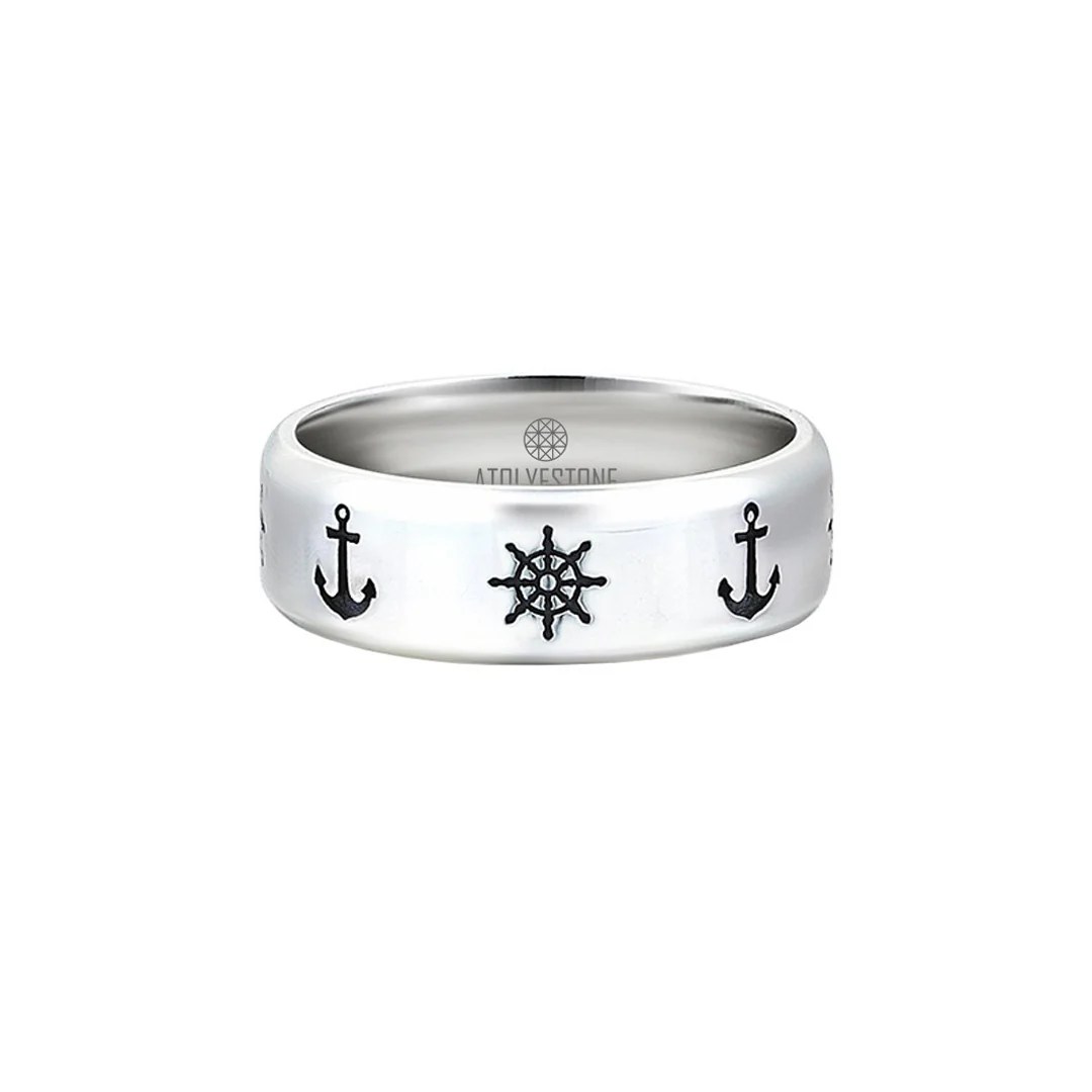 Men's Anchor Band Ring in 925 Sterling Silver Atolyestone
