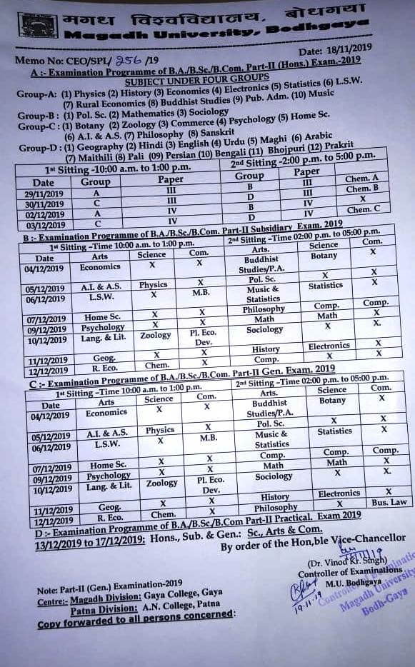 Magadh University Part 2 Exam Date 2019 BA B.Sc Routine Date